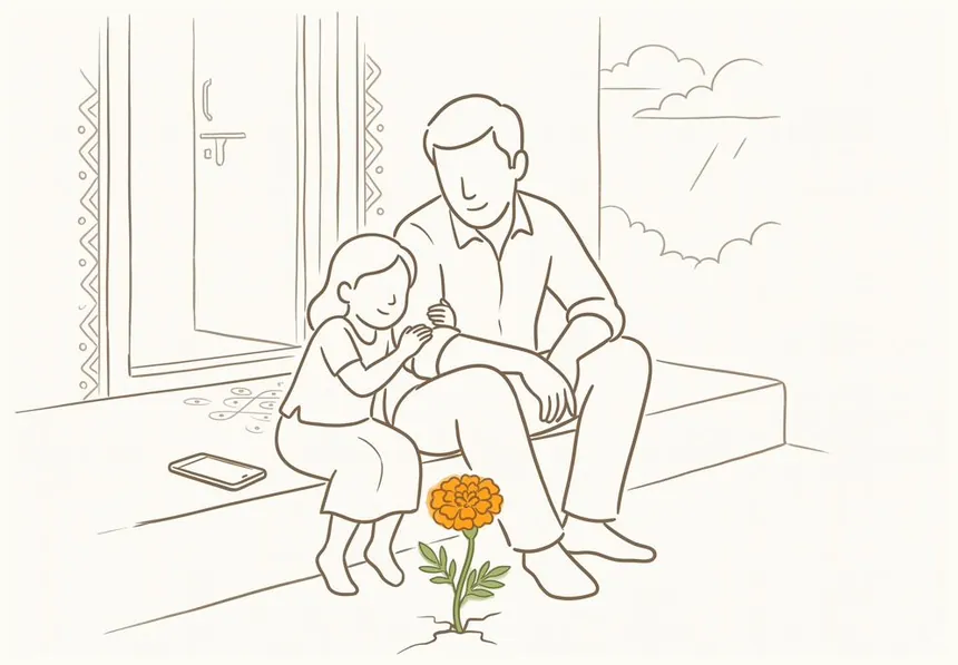 A father and child sitting on a doorstep, phone face-down beside them