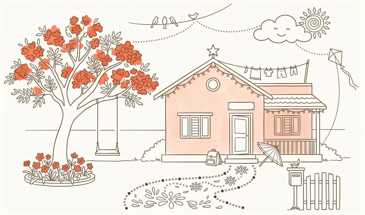 A hand-drawn home with a gulmohar tree, painting itself in